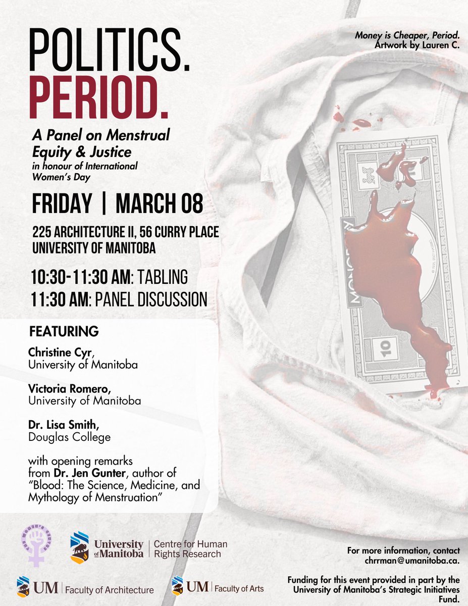 Join us this Friday, March 8 for a panel on #menstrualequity &amp; justice in honour of #InternationalWomensDay.

Where: 225 Architecture II, #umanitoba campus
When: 10:30am (tabling) // 11:30am (panel discussion)

Opening remarks by <a href="/DrJenGunter/">Jennifer Gunter</a>. Don't miss it!

#Winnipeg #IWD2024