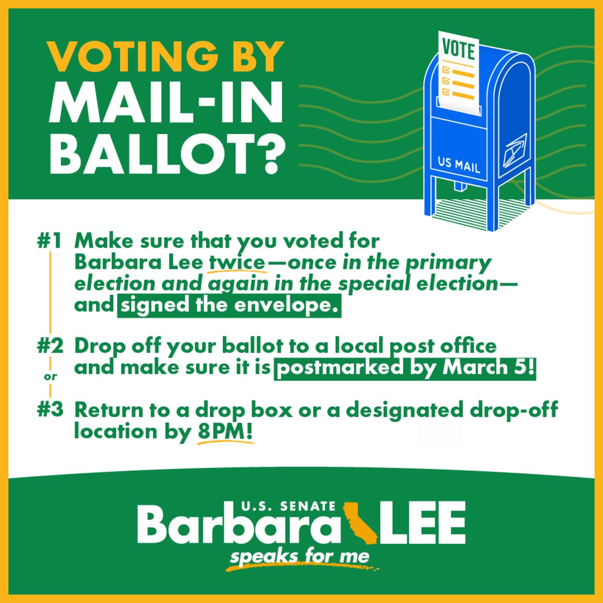 California: if you’re voting for Barbara Lee by mail ballot, make sure to follow these steps and return your ballot by 8 pm TONIGHT! Drop-off locations can be found at sos.ca.gov/elections/poll….