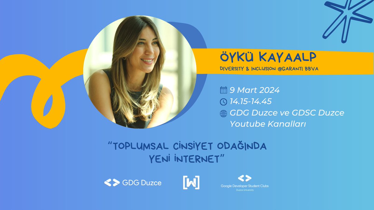 📢 IWD Düzce etkinliğinde, Garanti BBVA'dan Öykü Kayaalp "Toplumsal Cinsiyet Odağında Yeni İnternet" sunumuyla bizlerle olacak! 💻🌐 Bu güzel sunumu kaçırmayın! 🚀 

📌 9 Mart GDG ve GDSC Düzce YouTube kanalları
⏰ 12.00-16.00

 #iwd24