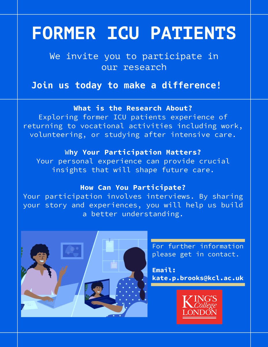 Life Lines (@lifelines_icu) on Twitter photo Calling former ICU patients!! Join our research exploring the experience of returning to work, volunteering or studying after intensive care.
For full details email kate.p.brooks@kcl.ac.uk Calling former ICU patients!! Join our research exploring the experience of returning to work, volunteering or studying after intensive care.
For full details email kate.p.brooks@kcl.ac.uk