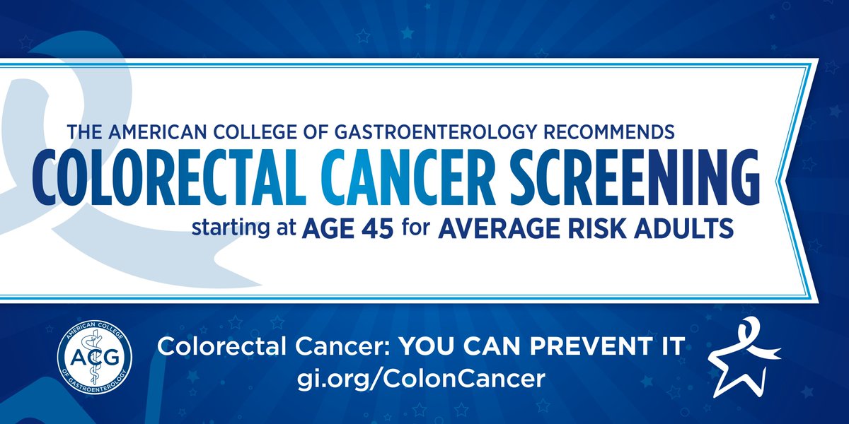 🗓️Every month should be #ColorectalCancerAwarenessMonth! 4⃣5⃣ACG's message: #45isTheNew50 ☑️Age 45 to begin #ColorectalCancerScreening for average-risk ➡️Screening can find & remove precancerous colorectal #polyps before they become #ColorectalCancer gi.org/coloncancer