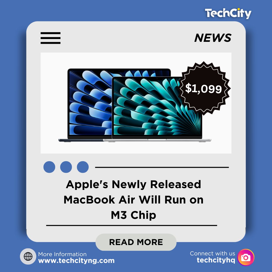 techcityng's tweet photo. New MacBook Air alert! M3 chip, 18-hour battery life, 13" or 15" options.
What are your first impressions?
#tech #apple #m3chip #techproducts #techcity https://t.co/NYsTUNYRXC