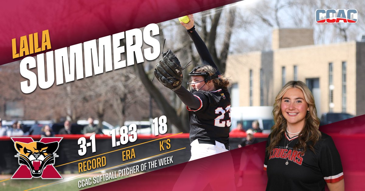 Congrats to Laila Summers from @SXUsoftball on being named the CCAC Softball Pitcher of the Week! #GoCougs🐾🥎 #WeAreSXU