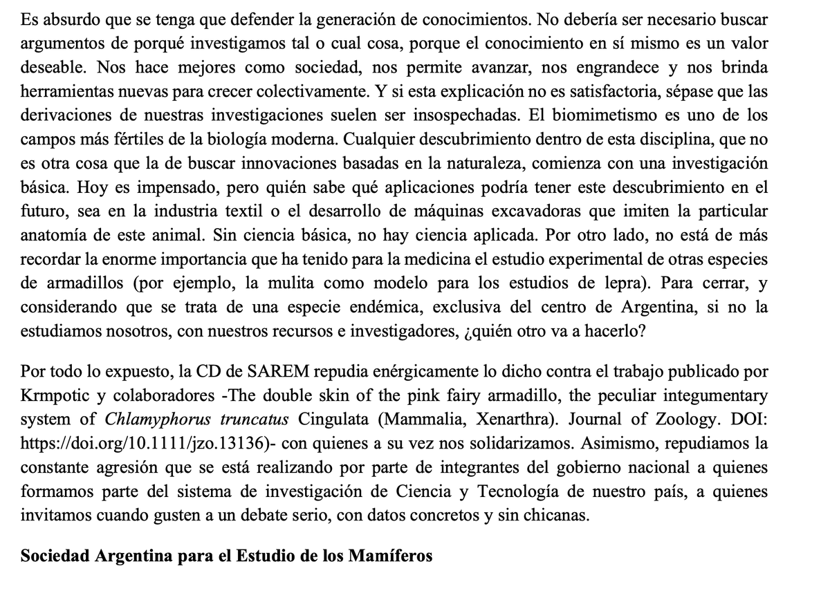 Comunicado de la Sociedad Argentina para el Estudio de Mamíferos sobre la burla del médico Claudio Zin y la conductora Cristina Pérez a una investigación publicada en el Journal of Zoology, una de las más prestigiosas de la especialidad👇