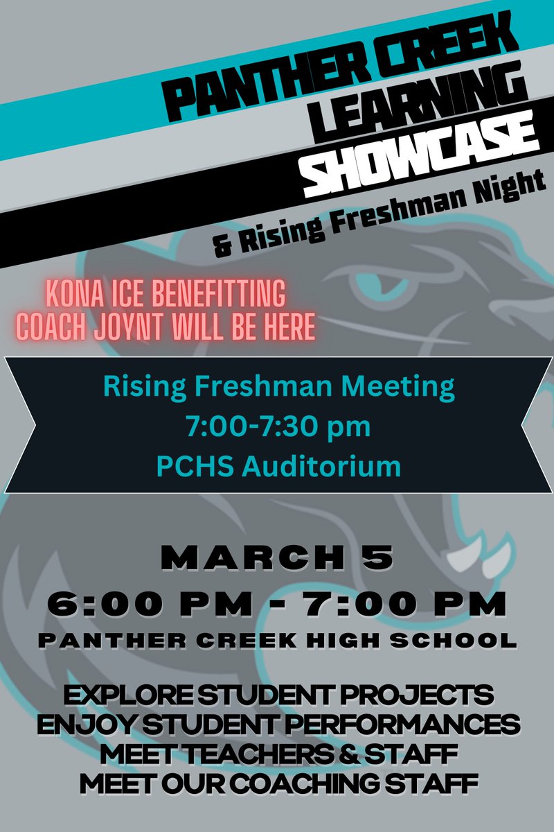 Join us tonight at 6:00 for our fantastic Learning Showcase! Learn about the impressive projects of our students from 6 - 7. At 7:00, don't miss the Rising Freshman Night presentation in the auditorium. Kona Ice will be out front and proceeds will go to Coach Joynt.