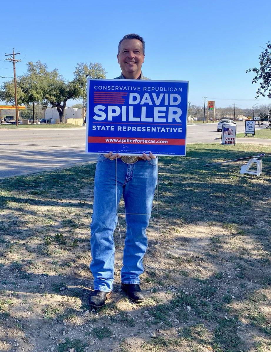 Lots of great energy and support for ⁦@DavidSpillerTX⁩ in ⁦@CityofLampasas⁩ this morning. Polls open til 7pm. Re-elect David Spiller #txlege #hd68