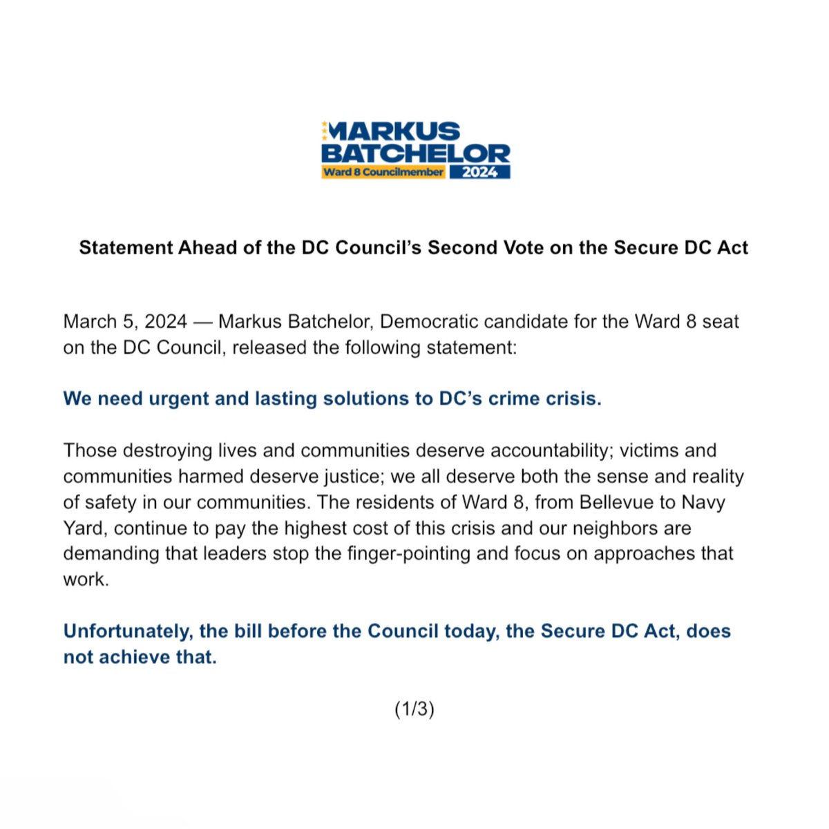 MarkusforDC's tweet image. We need urgent, lasting solutions to DC’s crime crisis. Unfortunately, the bill before the Council today, the #SecureDC Act, does not achieve that.

Secure DC is a product of unfocused political gamesmanship, not a public safety strategy. #Ward8 deserves better.

My statement: