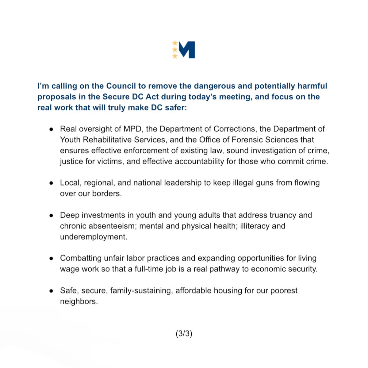MarkusforDC's tweet image. We need urgent, lasting solutions to DC’s crime crisis. Unfortunately, the bill before the Council today, the #SecureDC Act, does not achieve that.

Secure DC is a product of unfocused political gamesmanship, not a public safety strategy. #Ward8 deserves better.

My statement: