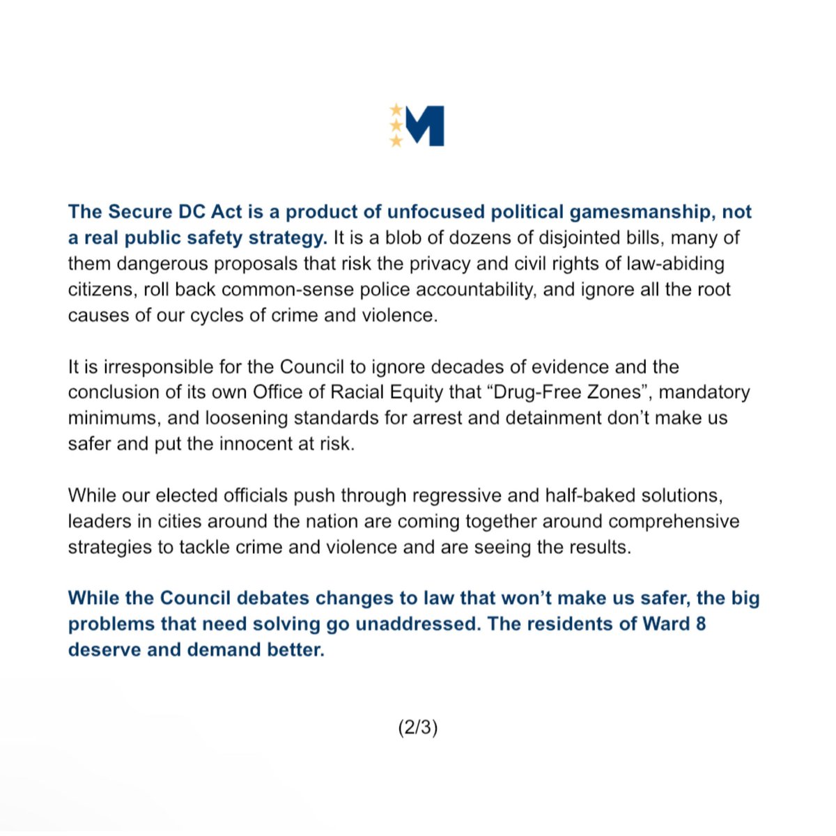 MarkusforDC's tweet image. We need urgent, lasting solutions to DC’s crime crisis. Unfortunately, the bill before the Council today, the #SecureDC Act, does not achieve that.

Secure DC is a product of unfocused political gamesmanship, not a public safety strategy. #Ward8 deserves better.

My statement: