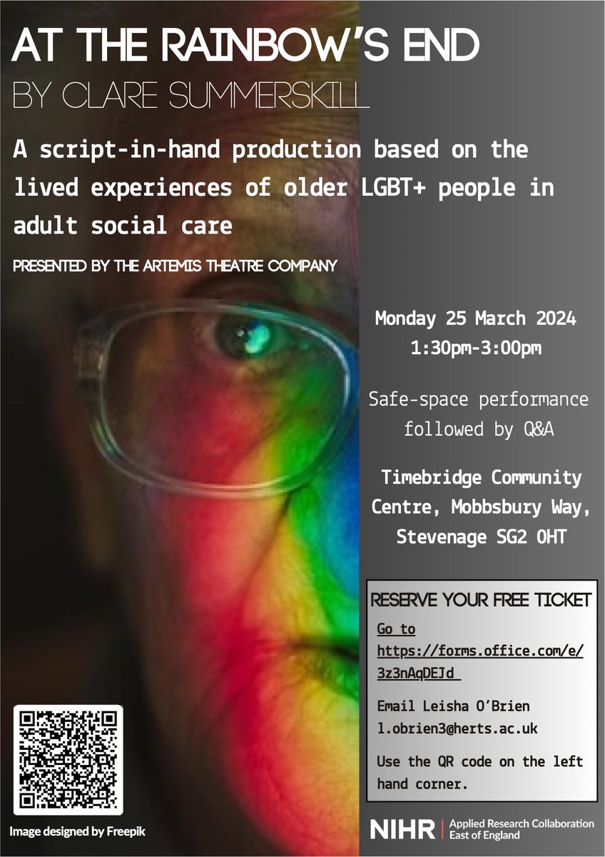 Is there anyone in the Stevenage area who'd like to come along to a WORLD PREMIERE playreading of a brand new piece of theatre, 'At the Rainbow's End' a verbatim piece based entirely on interviews with older LGBT people who have suffered homophobia and transphobia in 'care'?