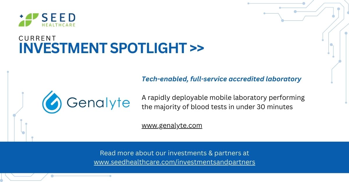 #CurrentInvestmentSpotlight - <a href="/genalyte/">Genalyte</a> which is a tech-enabled accredited &amp; certified mobile lab that can perform most blood tests in less than 30 mins. Groundbreaking technology that seamlessly integrates with our efforts to impact healthcare services. #SeedHealthcare