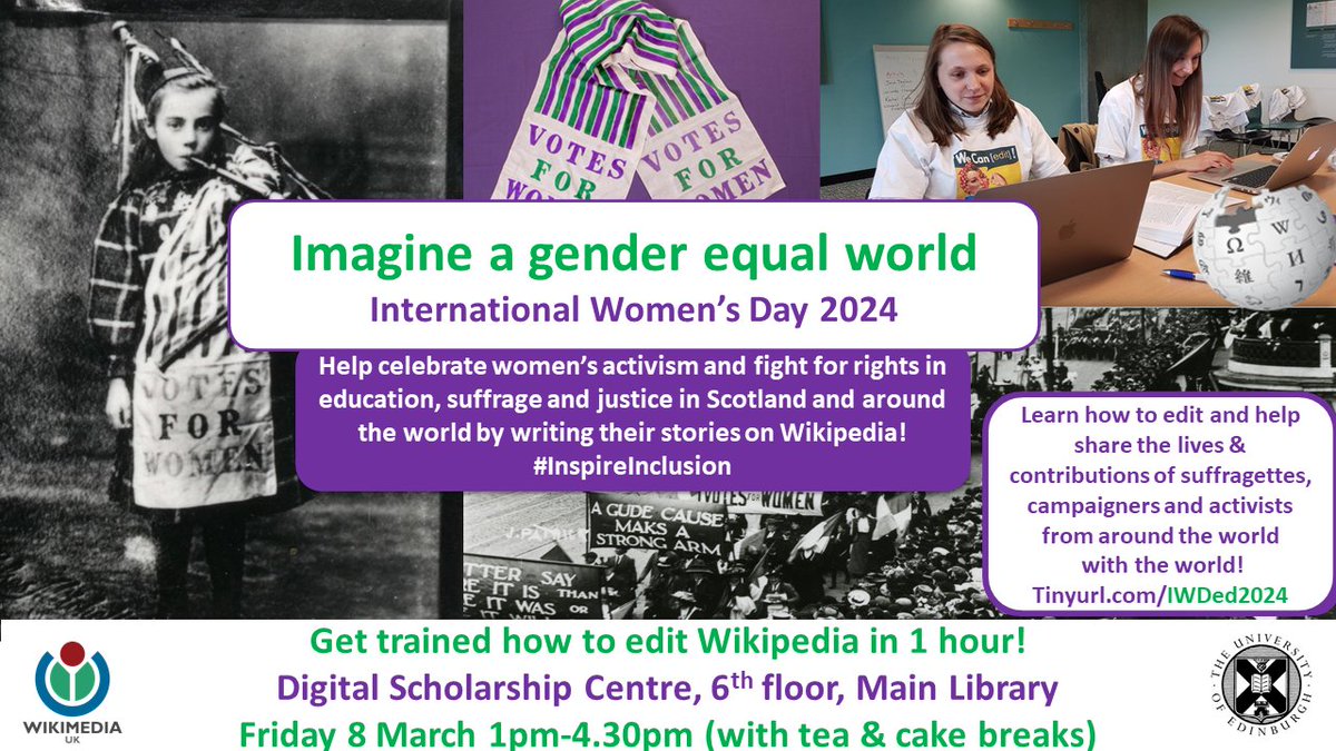 Ewan McAndrew (@emcandre) on Twitter photo This #InternationalWomensDay2024 join us ONLINE or IN PERSON <a href="/EdUniMainLib/">University of Edinburgh Main Library</a> at 1pm on Fri to learn how to edit <a href="/Wikipedia/">Wikipedia</a>
It's "fun, impactful & addictive as hell."
We're writing NEW and improved pages about women activists on the free & open encyclopedia. Tinyurl.com/IWDed2024 This #InternationalWomensDay2024 join us ONLINE or IN PERSON <a href="/EdUniMainLib/">University of Edinburgh Main Library</a> at 1pm on Fri to learn how to edit <a href="/Wikipedia/">Wikipedia</a>
It's "fun, impactful & addictive as hell."
We're writing NEW and improved pages about women activists on the free & open encyclopedia. Tinyurl.com/IWDed2024