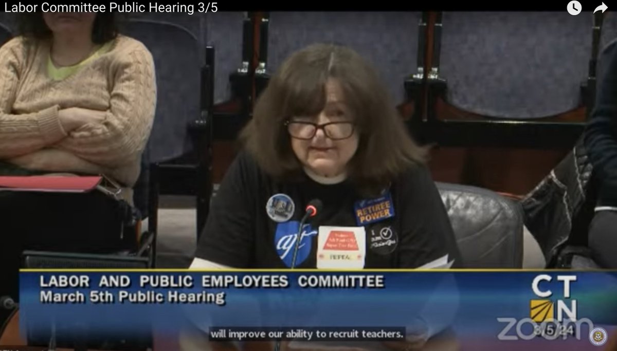 Retired #WestHavenTeachers member @MaryMoningerEli urges #CTGeneralAssembly labor cmte pass resolution demanding Congress #EliminateWEPGPO, repeal #PublicEd professionals’ #SocialSecurity restrictions. #RetirementSecurity @AFTUnion @AFTTeach @PSRP_AFT @ProtectPensions @CtPensions