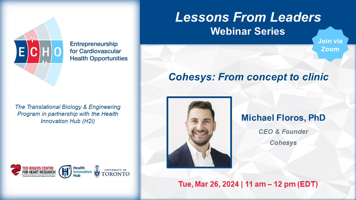 Register now & join us virtually for our next ECHO webinar, featuring Dr. Michael Floros, CEO & Founder at Cohesys, a medical device company specializing in fracture treatment. Its flagship product, BoneTape, is an innovative resorbable fixation solution. us02web.zoom.us/meeting/regist…