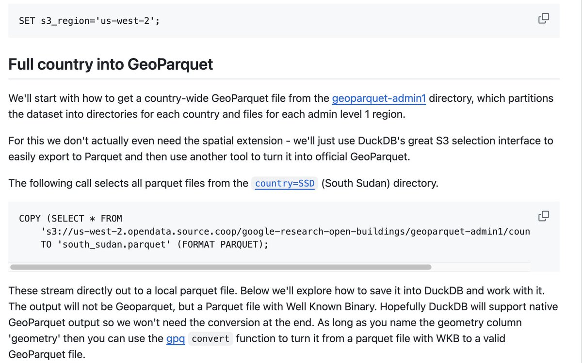 cloudnativegeo's tweet image. This #TutorialTuesday by @opencholmes shows you how to use @duckdb &amp;amp; @GeoParquet to access the #cloudnativegeo version of @Google&apos;s Open Buildings data from source.coop 
github.com/cholmes/duckdb…