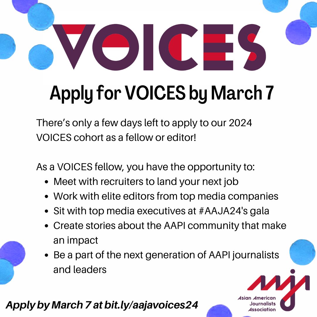 ⏳️ Don't miss out on applying as an editor or fellow to our 2024 VOICES cohort! Benefits for VOICES fellows include meeting recruiters, attending #AAJA24's gala and sharpening your reporting and writing skills. Apply by Thursday, March 7: bit.ly/aajavoices24