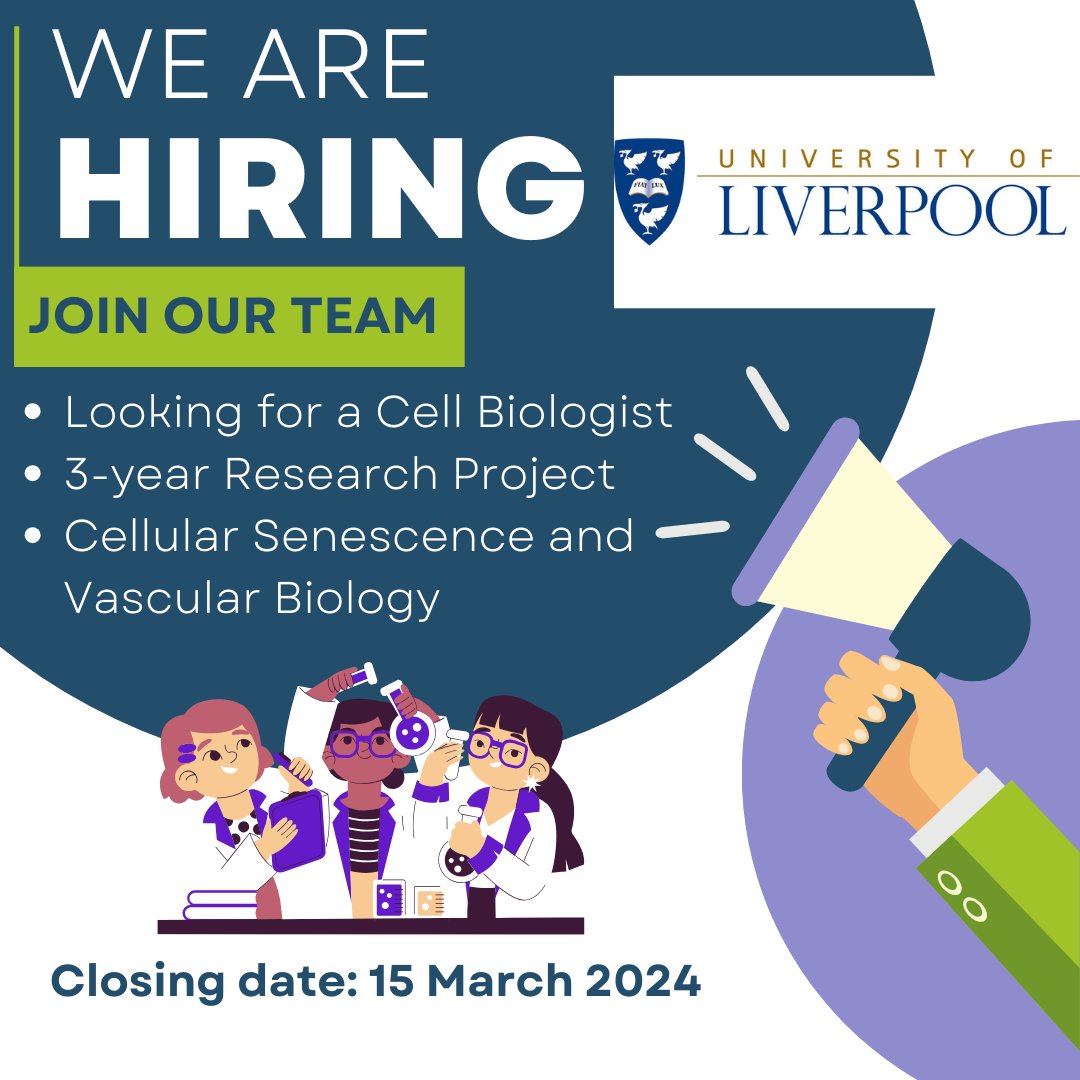 We are looking for a postdoctoral scientist to join our team at @LivUni @LivuniILCaMS #research #senescence #endothelial Apply here: tinyurl.com/vrmr5fhe