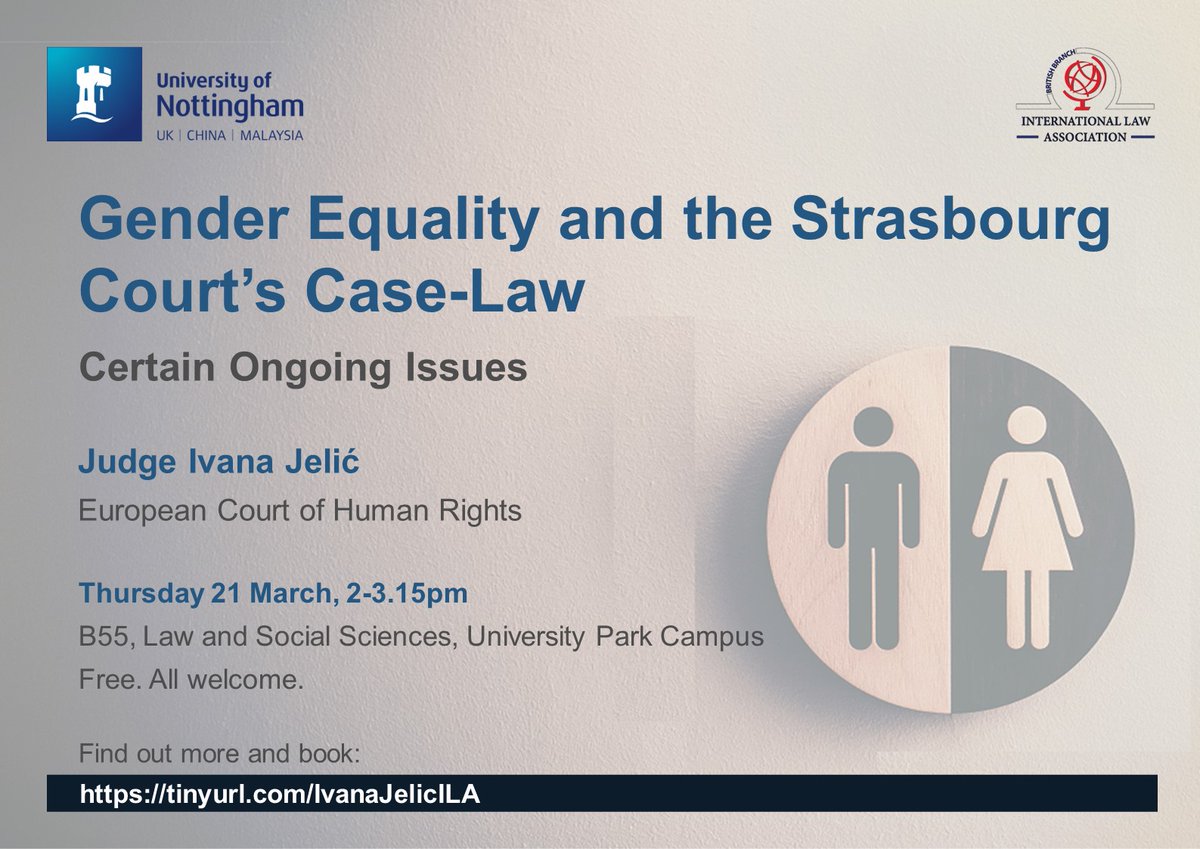 Everyone's cordially invited to attend our first ILA seminar of the year with guest speaker, <a href="/ECHR_CEDH/">ECHR CEDH</a> Judge Ivana Jelić on Thursday 21 March from 2-3.15pm.

This event will be chaired by Dr Klara Polackova Van der Ploeg (<a href="/UoN_Law/">Nottingham Law</a>)

Register here: lnkd.in/er9jZV4E