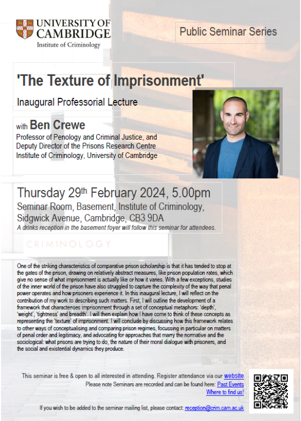 It was a sold out event and if you didn't manage to catch @crewebencrewe inaugural professorial lecture 'The Texture of Imprisonment' watch it now: crim.cam.ac.uk/events/eventre…