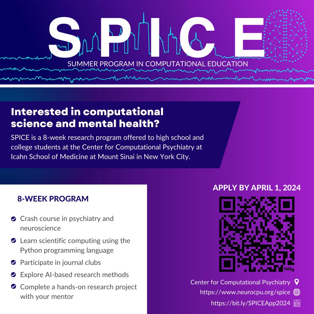 Center for Computational Psychiatry (@sinaiccp) on Twitter photo 📢 Calling all high school and college students 📢
Join us this summer to learn how to conduct #mentalhealth research using #computational approaches
Apply by April 1, 2024
Website: neurocpu.org/spice
Application: bit.ly/SPICEApp2024 📢 Calling all high school and college students 📢
Join us this summer to learn how to conduct #mentalhealth research using #computational approaches
Apply by April 1, 2024
Website: neurocpu.org/spice
Application: bit.ly/SPICEApp2024