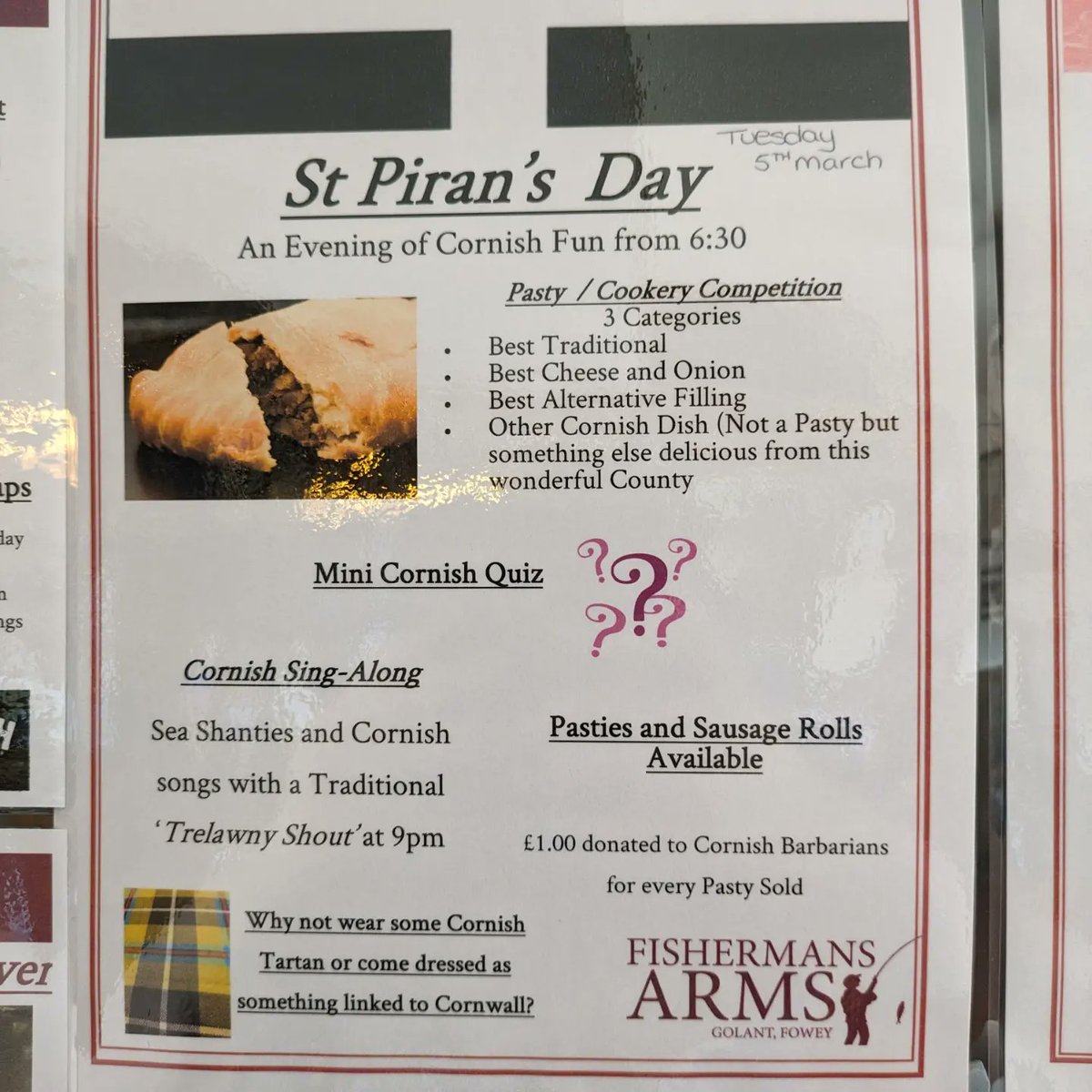 Fishermans Arms (@fishermansfowey) on Twitter photo It's St Piran's
Let's celebrate with many pasties and lots of fun. Why not join us tonight from 6:30 for our 'Trelawny Night's
See the poster for all the goings on.
<a href="/SanctuaryCornwl/">Sanctuary Cornwall</a> <a href="/kittowsbutchers/">James Kittow</a> <a href="/LoveLostwithiel/">Lostwithiel</a> <a href="/LoveFowey/">Love Fowey</a> <a href="/smugglersbrew/">Cornish Tea and Coffee</a> It's St Piran's
Let's celebrate with many pasties and lots of fun. Why not join us tonight from 6:30 for our 'Trelawny Night's
See the poster for all the goings on.
<a href="/SanctuaryCornwl/">Sanctuary Cornwall</a> <a href="/kittowsbutchers/">James Kittow</a> <a href="/LoveLostwithiel/">Lostwithiel</a> <a href="/LoveFowey/">Love Fowey</a> <a href="/smugglersbrew/">Cornish Tea and Coffee</a>