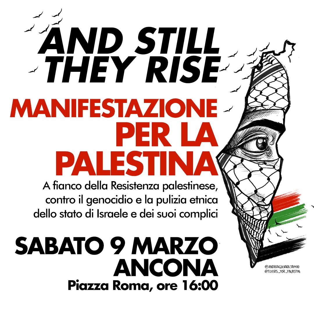 🔴ANCONA SABATO 9 MARZO
🇵🇸 ANCONA MANIFESTAZIONE PER LA PALESTINA 

Di nuovo in strada al fianco della Resistenza palestinese, contro il genocidio e la pulizia etnica dello stato di Israele e dei suoi complici.

#Marche #Ancona #Palestina #gaza #GazaGenocide