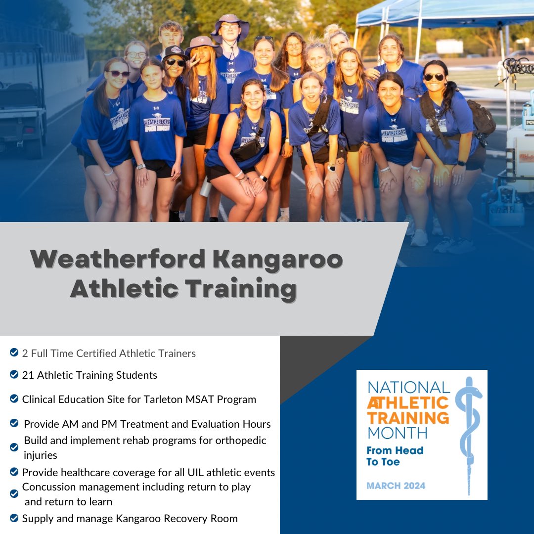 It’s National Athletic Training Month! We will be sharing info all month long regarding who and what makes up Kangaroo Athletic Training. Below are just a few ways our program brings value to our athletic programs and community! #NATM2024 #BeGreAT