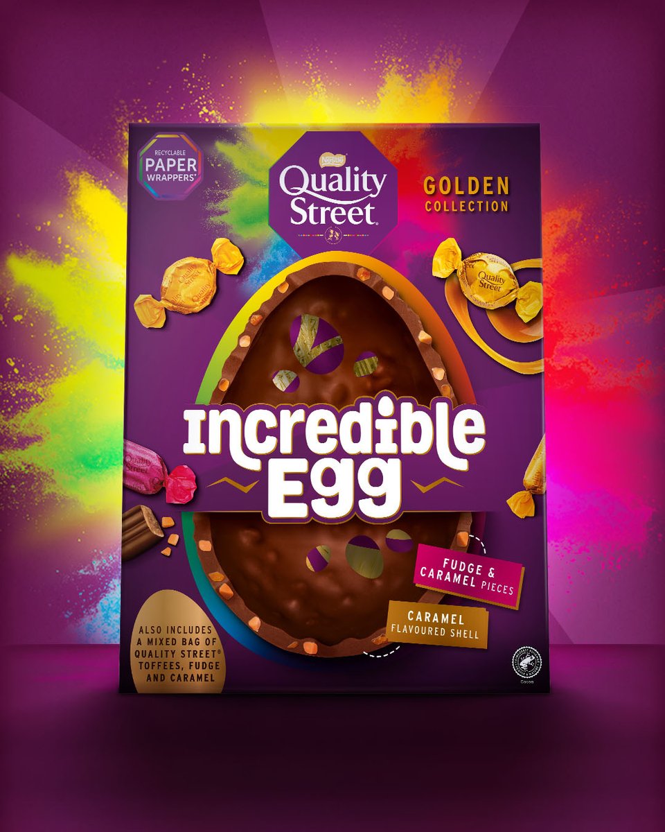 Introducing our Quality Street Incredible Egg! Delicious fudge and caramel pieces encased in a luxurious caramel chocolate flavoured shell, accompanied by your favourite fudge, caramel and toffee sweets. 🍬 Who's asking for this Incredible Egg for Easter? 💜