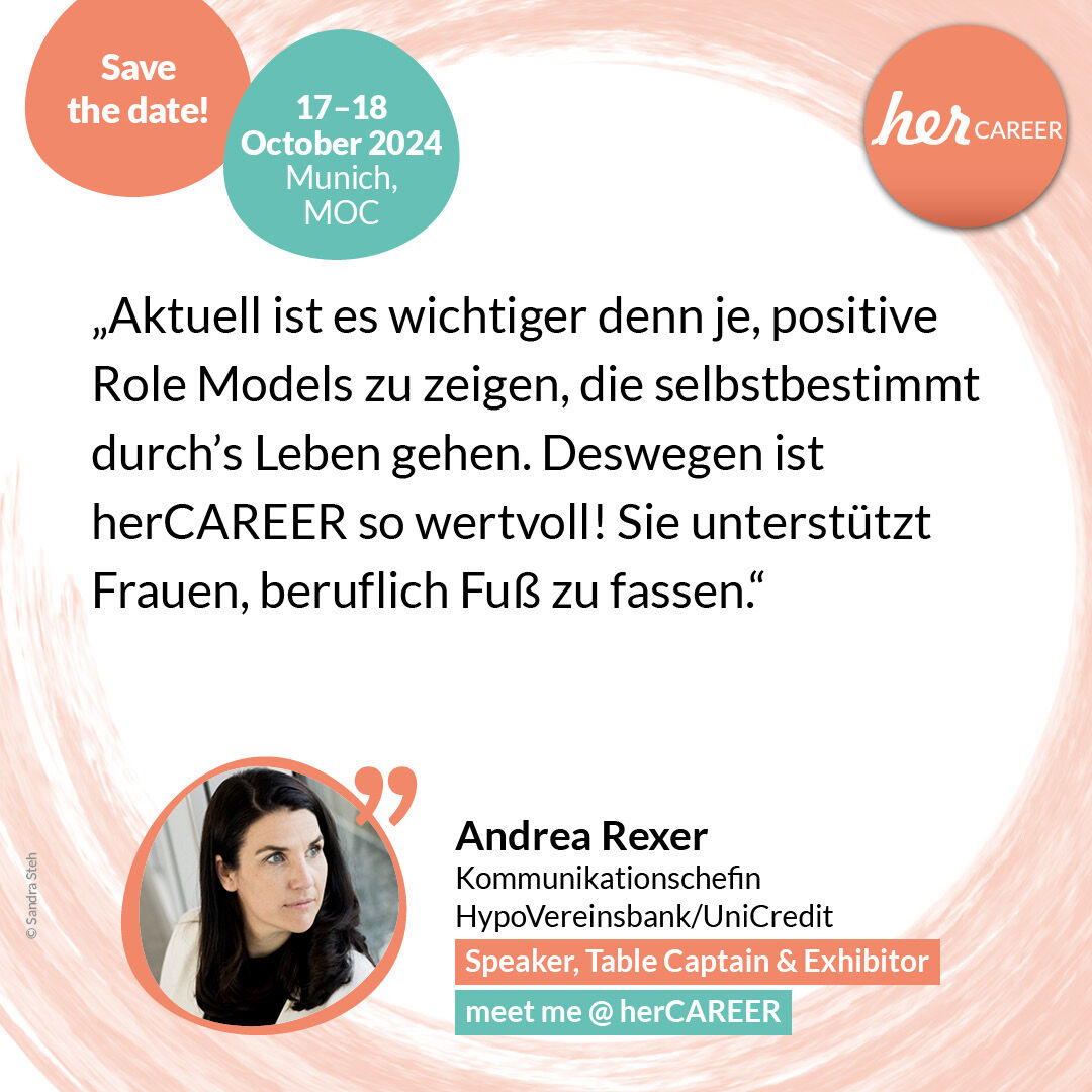 Andrea Rexer leitet seit April 2020 die Unternehmenskommunikation der #HypoVereinsbank.

Wir freuen uns schon, dass wir Andrea in diesem Jahr als Speakerin und Table Captain auf der #herCAREER Expo vom 17.-18. Oktober in München begrüßen dürfen! 

Infos: her-career.com/expo/