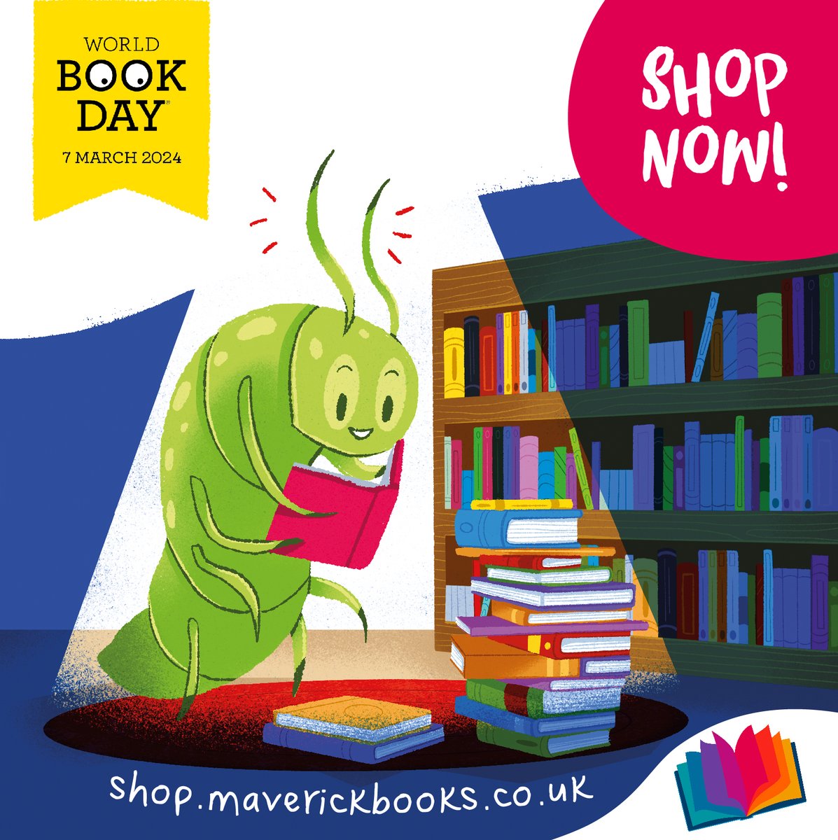 Just 2 days until World Book Day! Are you ready? 📚 Visit our shop to get yourselves prepared! shop.maverickbooks.co.uk 🛍 Artwork by Kaley Mccabe in 'The Reading Bug' by @JennyWriteMoore . 😄 #WorldBookDay #BookTwitter