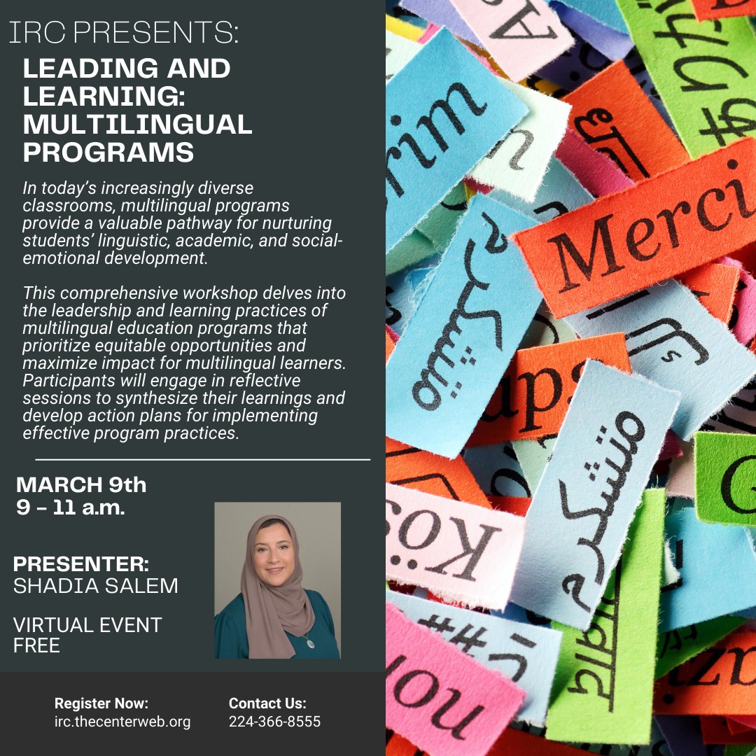 Looking for some weekend PD opportunities? Join @ShadSalem for a FREE PD webinar delving into the leadership and learning practices of multilingual education programs: irc.thecenterweb.org/workshop/leadi…