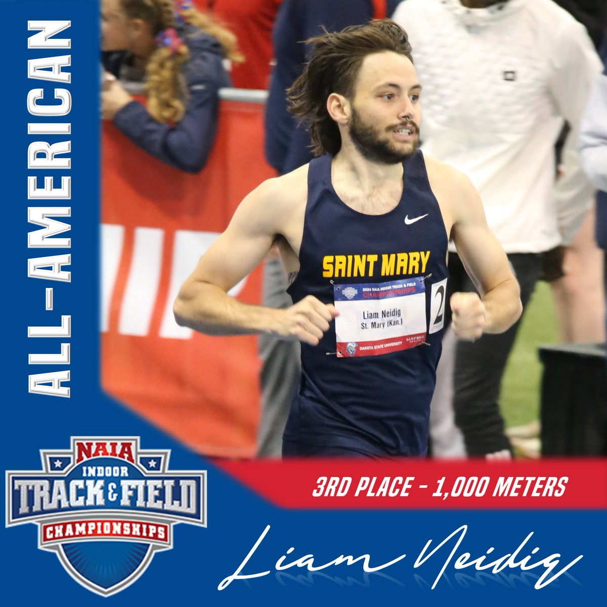 🏅ALL-AMERICAN💫 Liam Neidig finished 3rd in the 1,000m in a personal record time of 2:25.36 this past weekend at the NAIA Indoor Track &amp; Field National Championships, earning the 6th All-American honor of his career!