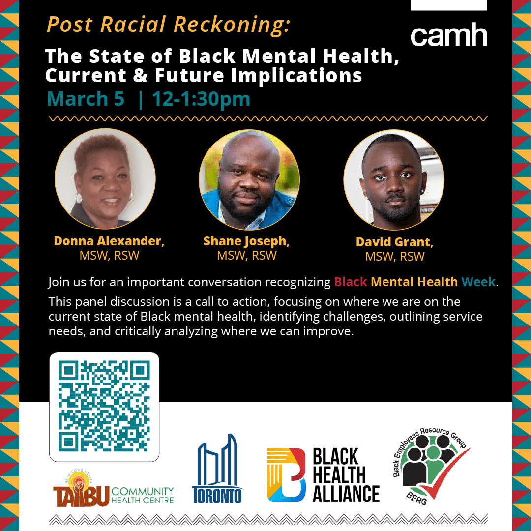 TODAY! 12-1:30PM Join @CAMHnews for a critical #BlackMentalHealthWeek discussion. This is a call to action challenging us to critically analyze and actively address the current state of Black mental health. #BMHW2024 #MentalHealth To register: camh.webex.com/camh/j.php?MTI…