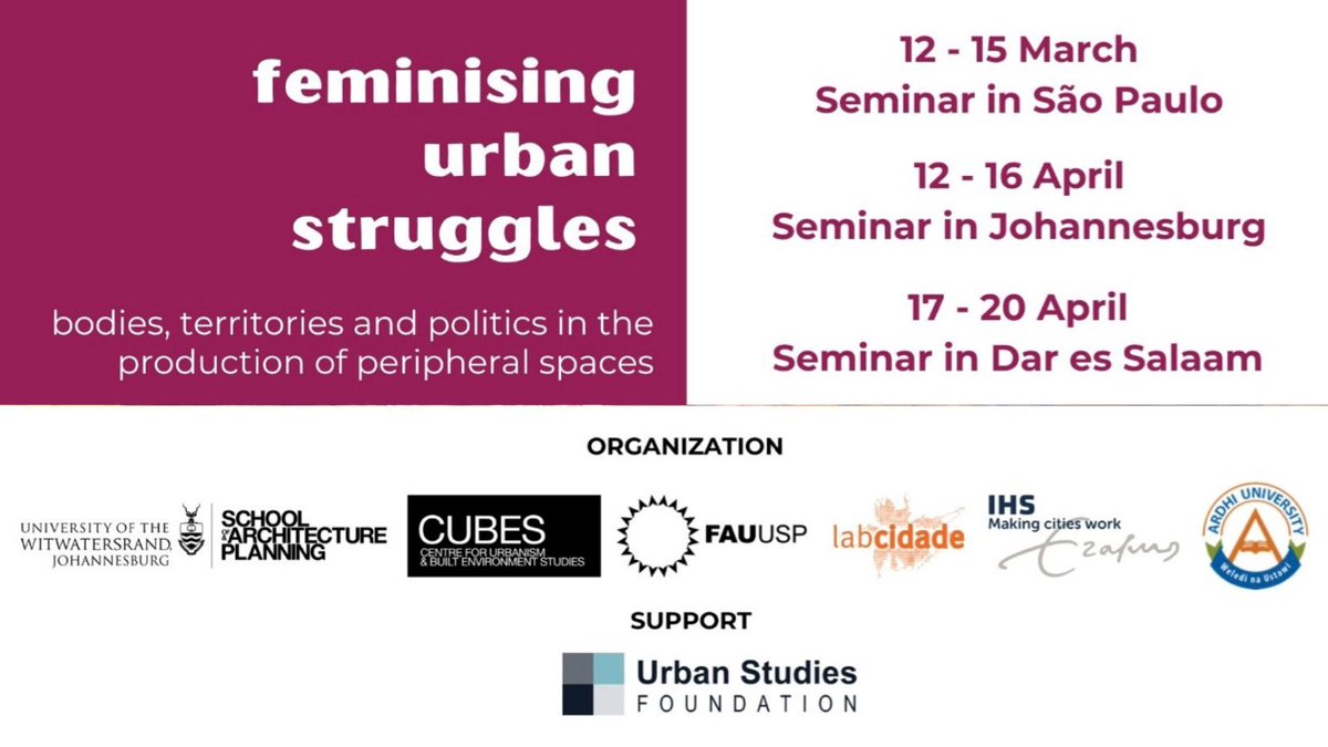 Next week in Sao Paulo! #USFSeminarSeries 'Feminising Urban Struggles' March 12-15th. In-person at Rua Dr. Plínio Barreto, 285 – Bela Vista. @LabcidadeFAUUSP @ihserasmusuni Register here: ow.ly/pE9x50QKIt6 Follow on Youtube: ow.ly/BKXp50QLtlG