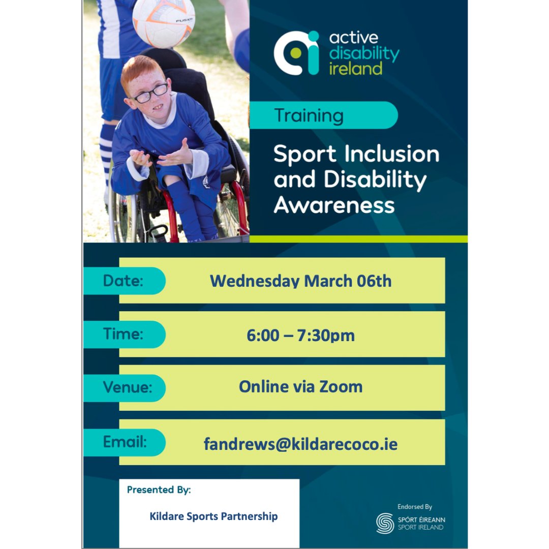 ✅ Sport Inclusion &amp; Disability Awareness Workshop ✅

📅6th of March
⏰6-7.30pm
➡️Register: shorturl.at/gjuwD
📧fandrews@kildarecoco.ie

Who is this course for?
Anyone with an interest in increasing their awareness in sport &amp; physical activity for people with disabilities