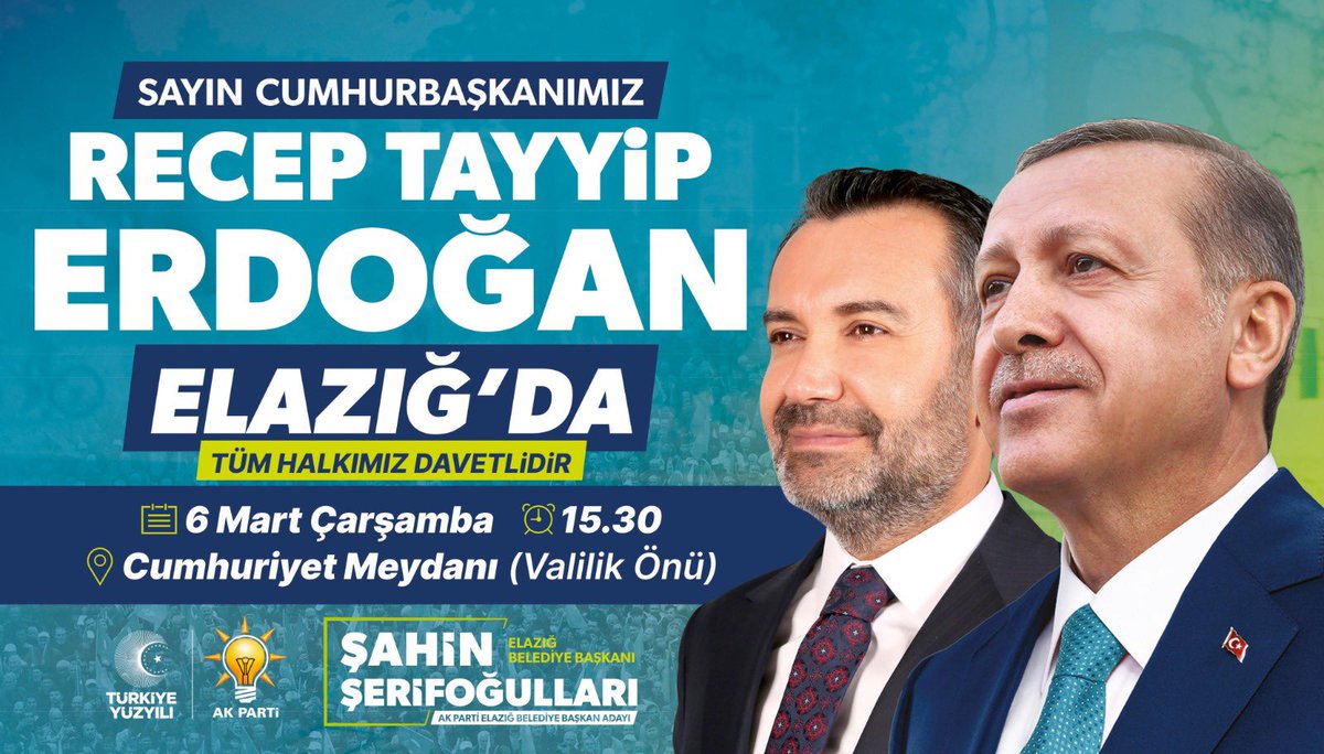 sahin_serifoglu's tweet photo. Büyük Türkiye’nin güçlü lideri, millet ve memleket sevdalısı, Türkiye Yüzyılı’nın mimarı Cumhurbaşkanımız Sayın Recep Tayyip Erdoğan, 

Gakgoşlar diyarı Elazığ’ımıza geliyor.

🗓️6 Mart Çarşamba(Yarın)
🕞15.30
📍Cumhuriyet Meydanı (Valilik Önü) 

 #HazırızKararlıyız  #YineYenidenElazığ #ReisElazığda

@RTErdogan @Akparti