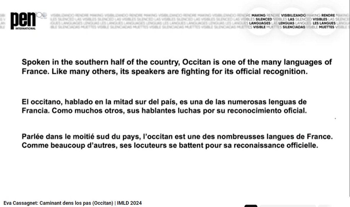 ✒️ Maraton de vidèo-poèmas del <a href="/TLRC_PEN/">PEN Translation & Linguistic Rights Committee</a> 
📖 Òsca e mercés a <a href="/ECassagnet/">Eva Cassagnet</a> !
🎤 Vidèo-poèma : youtu.be/MlLvy81vtEU?si…
✨ Retrobatz Eva e 40 autors en lenga occitana dins l'Ebook Lenga Maire ! 

#penoccitan #evacassagnet #tlrc #peninternational #lengamaire