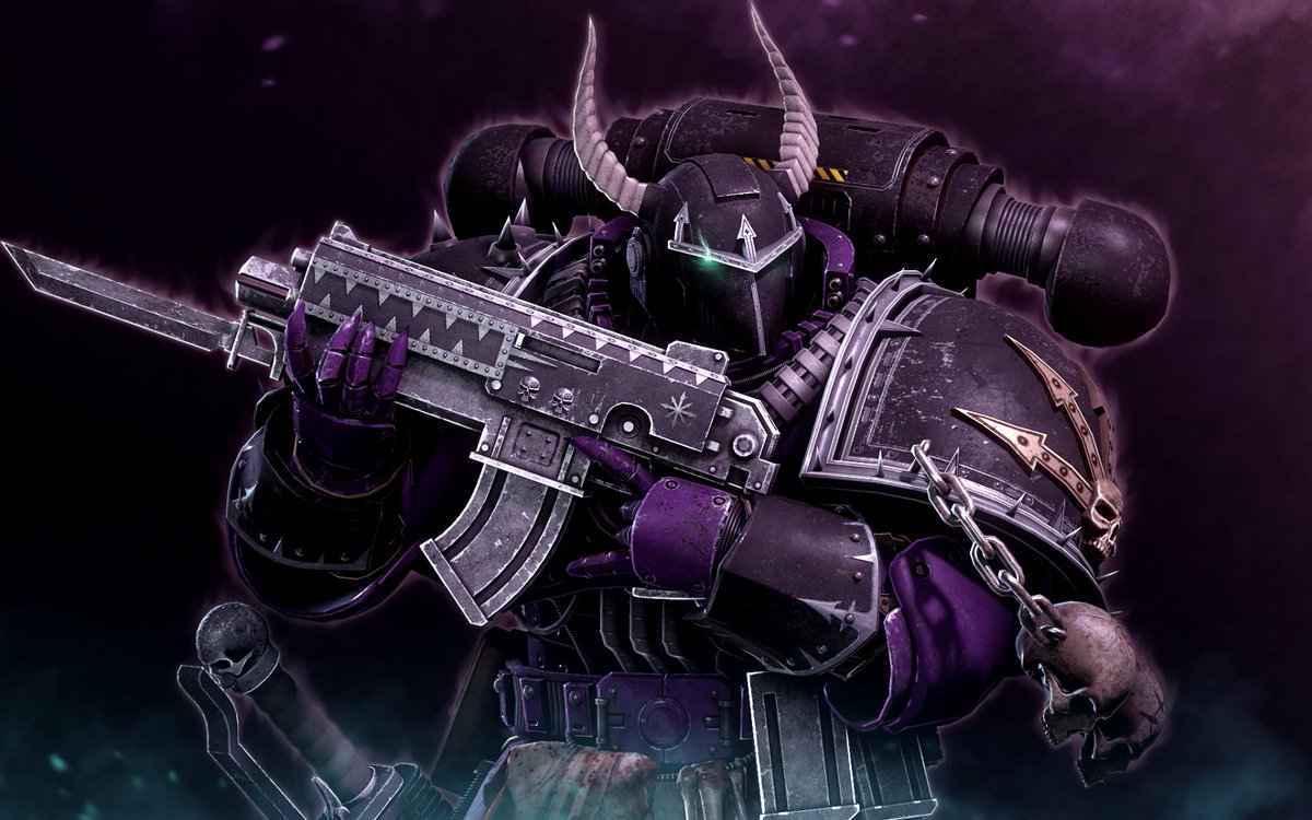 Emperor's Children Chaos Marine, armed with a Bolter, and Chainsword at his hip