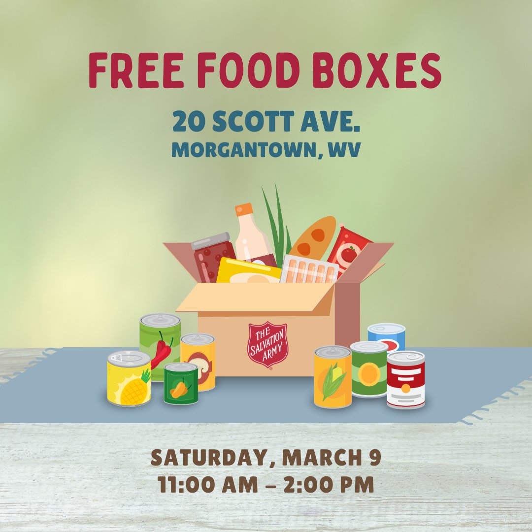 Stop by Hazel’s House of Hope THIS SATURDAY, March 9th from 11 a.m. to 2 p.m. to receive a free box of shelf-stable foods sponsored by the Salvation Army and the City of Morgantown! 🍴🥫