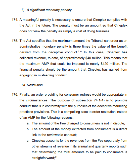 HertzBarry's tweet photo. NEW: Closing arguments from the Commissioner of Competition and Cineplex are now up re: online ticket surcharge and accusations of "drip pricing." The government is seeking a $40M administrative monetary penalty. https://t.co/kkSsHQJcNR