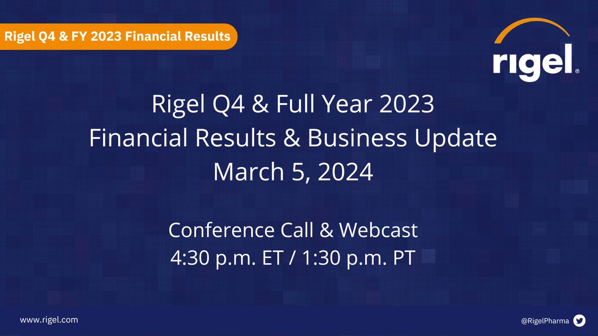 $RIGL reports Q4 & FY 2023 financial results and provides business update. Link to press release: rigel.com/investors/news… Listen to webcast: rigel.com/investors/news…