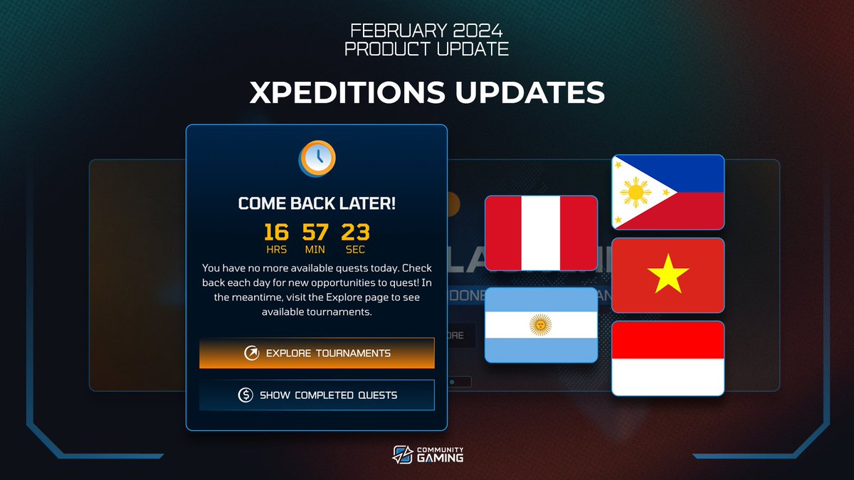 XPeditions is now live in the Philippines, Vietnam, Indonesia, Peru & Argentina! The addition of the countdown timer lets you know when the next batch of quests will launch. Plus, our 'Never Miss a Quest'' email now displays active quests and rewards, so you're always in the loop
