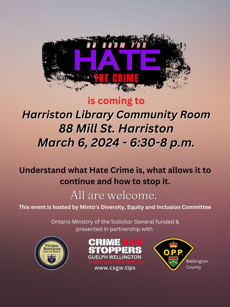 No Room for Hate is presented by Crime Stoppers GW, Victim Services and Wellington County OPP to increase awareness of this crime locally, offer support to victims, and create understanding for victims of this crime. 📩Email erin@town.minto.on.ca to let her know you're coming!