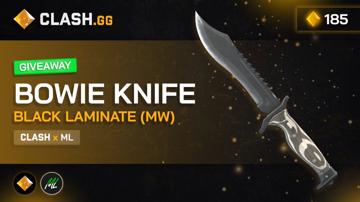 Hey Hey Hey!

Giving away a MW Bowie Knife Black Laminate with ClashGG!

Joining the Giveaway is very easy⬇️
✅Follow <a href="/clashdotgg/">ClashGG</a> &amp; Myself
✅Retweet
✅Tag a friend and their mother (if the mom is cute)
✅Use code "ML" on Clash (recommended)

Rolling in 7 Days!