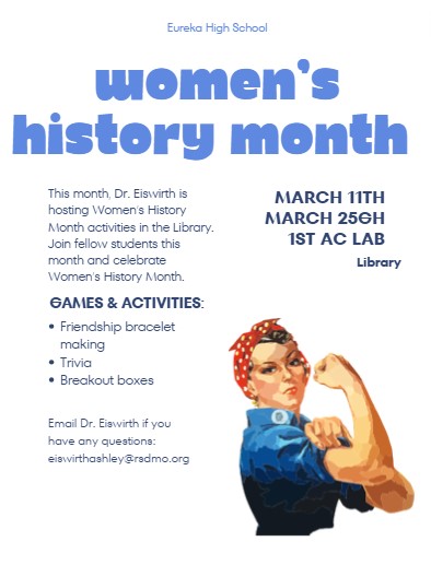 Celebrate Women's History Month during 1st AcLab on Mondays in March in the library!
.
.
.
#womenshistorymonth #ehs #eurekawildcats #ehslibrary #libraryevents #highschoollibrarylife #highschool #highschoollibrarians