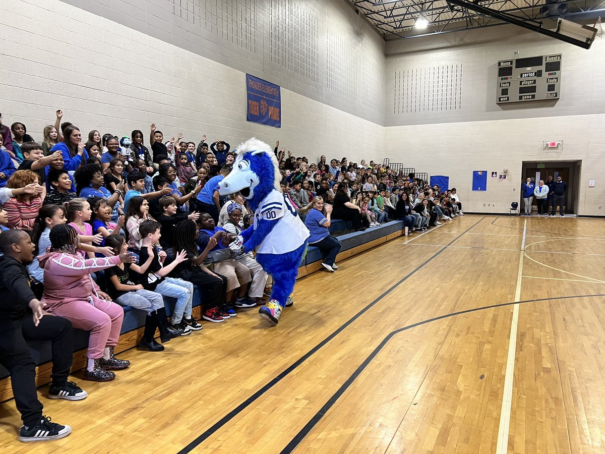 TeachMrsBarrett's tweet image. RHE had a special visitor this morning!  😀 @blue gave us an interactive show based on his awesome story “Blue’s Road Trip Through Indiana”. It was a great way to laugh during the beginning of IREAD3 week.  #ReadAcrossAmerica #ColtsBlue #WeAreWayne