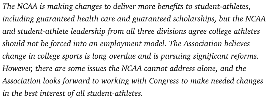 PeteNakos's tweet photo. NCAA statement on today's union election at Dartmouth:

"The NCAA and student-athlete leadership from all three divisions agree college athletes should not be forced into an employment model. ... The association looks forward to working with Congress."

https://t.co/6fiIvwm3vH https://t.co/R0vENKQyRc