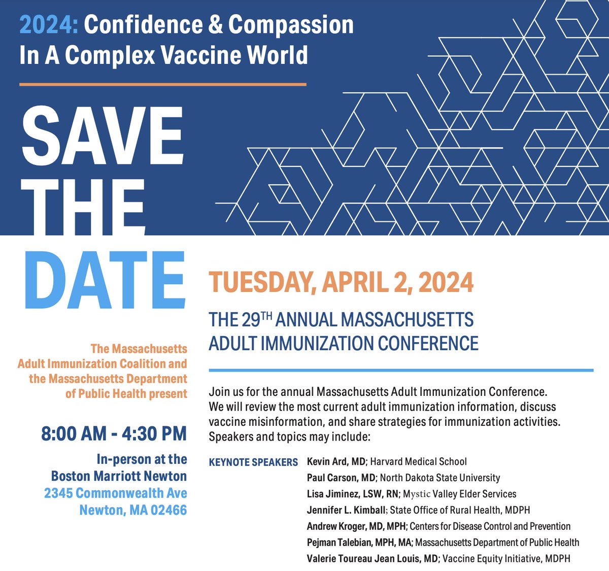 Please join @JSIhealth's MA Adult Immunization Coalition & @MassDPH on 4/2 for the 2024 Confidence & Compassion in a Complex Vaccine World Conference. Register today to hear from experts about emerging best practices for routine adult immunization. bit.ly/2024MAICConfer…