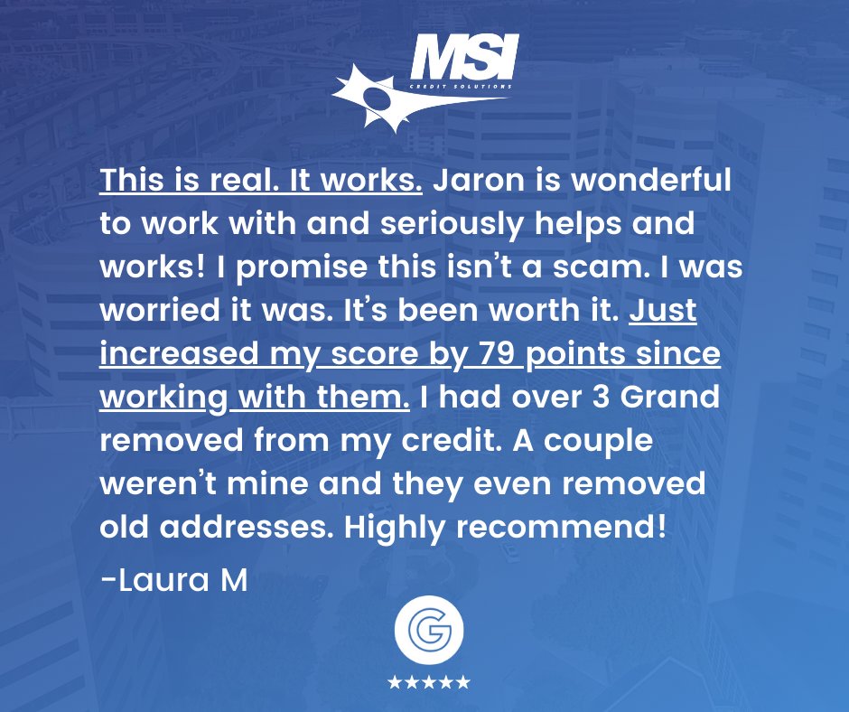 Don't just take our word for it—our incredible client shares the real, impactful journey with MSI Credit Solutions. Working with Jaron, they witnessed a score increase of 79 points and over $3,000 removed from their credit report! 📈💪 No scams, just genuine results.