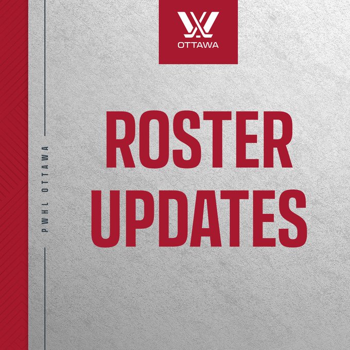 Text graphic reading "roster updates" in red text on a white background. The PWHL Ottawa logo is in white on a red background above the text.